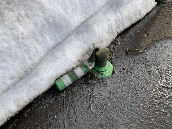 道路のポールが、雪解けでやっと出てきたけど、豪雪でアメのようにグニャリ！（秋田県・guiguiappaさん）